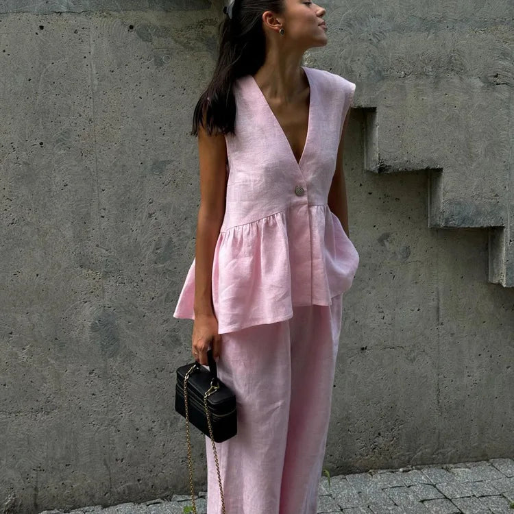 2 pieces women sets 2026 Cotton V-neck sleeveless top vest+long pants new solid color two-piece sets women's clothing