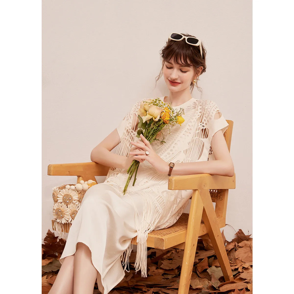 LOUIS YAO Dress Set Two-piece Set with Hollowed Out Lace Tassel Top and Elegant Camisole Dress Summer Dress for Women