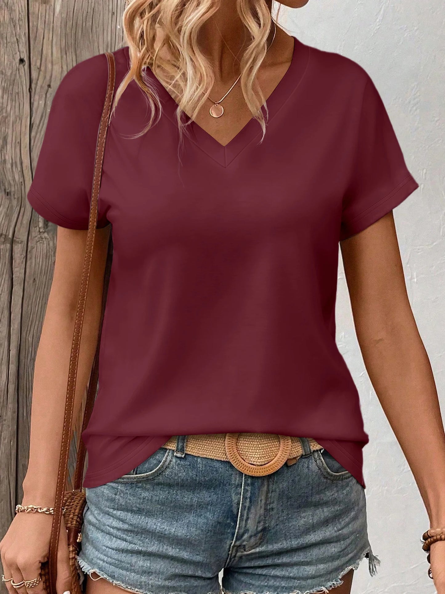 Women's Solid Color V-Neck T-Shirt - Oversized Short-Sleeve, Curved Hem, Soft Fabric, Available in Black, Gray & Navy