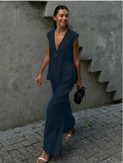 2 pieces women sets 2026 Cotton V-neck sleeveless top vest+long pants new solid color two-piece sets women's clothing