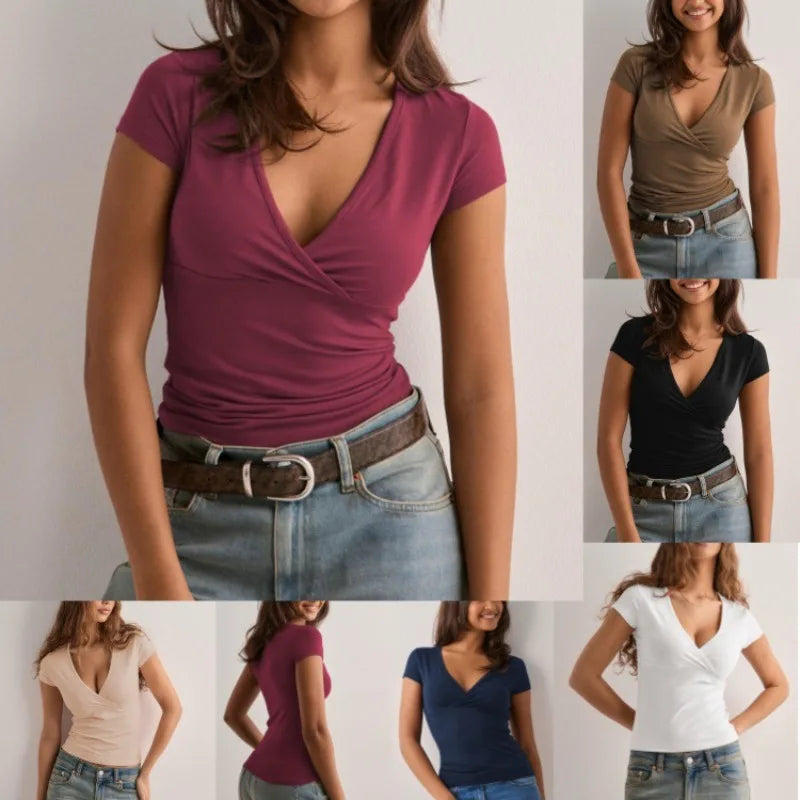 Summer New Fashion Women's T-Shirt Solid-Color Slim-Fit V-Neck Short-Sleeve Top Y2k Clothing