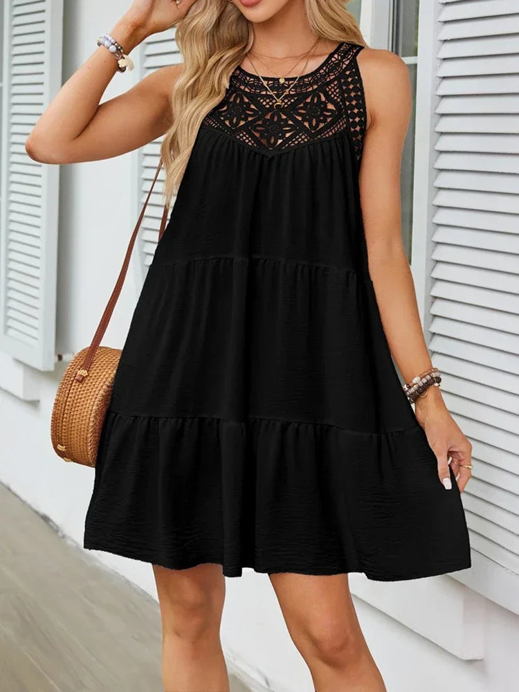 Women Summer Beach Mini Dresses Halter Sleeveless Sexy Loose A-Line Hollow Out Lace White Bohemia Dress Pleated Solid Sundress