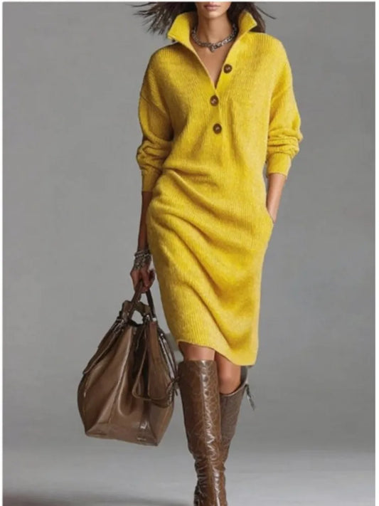 Autumn Fashion Knitted Button Lapel Women Dress Casual Loose Pocket Lazy Straight Over The Knee Long Sleeve Sweater FemaleDress
