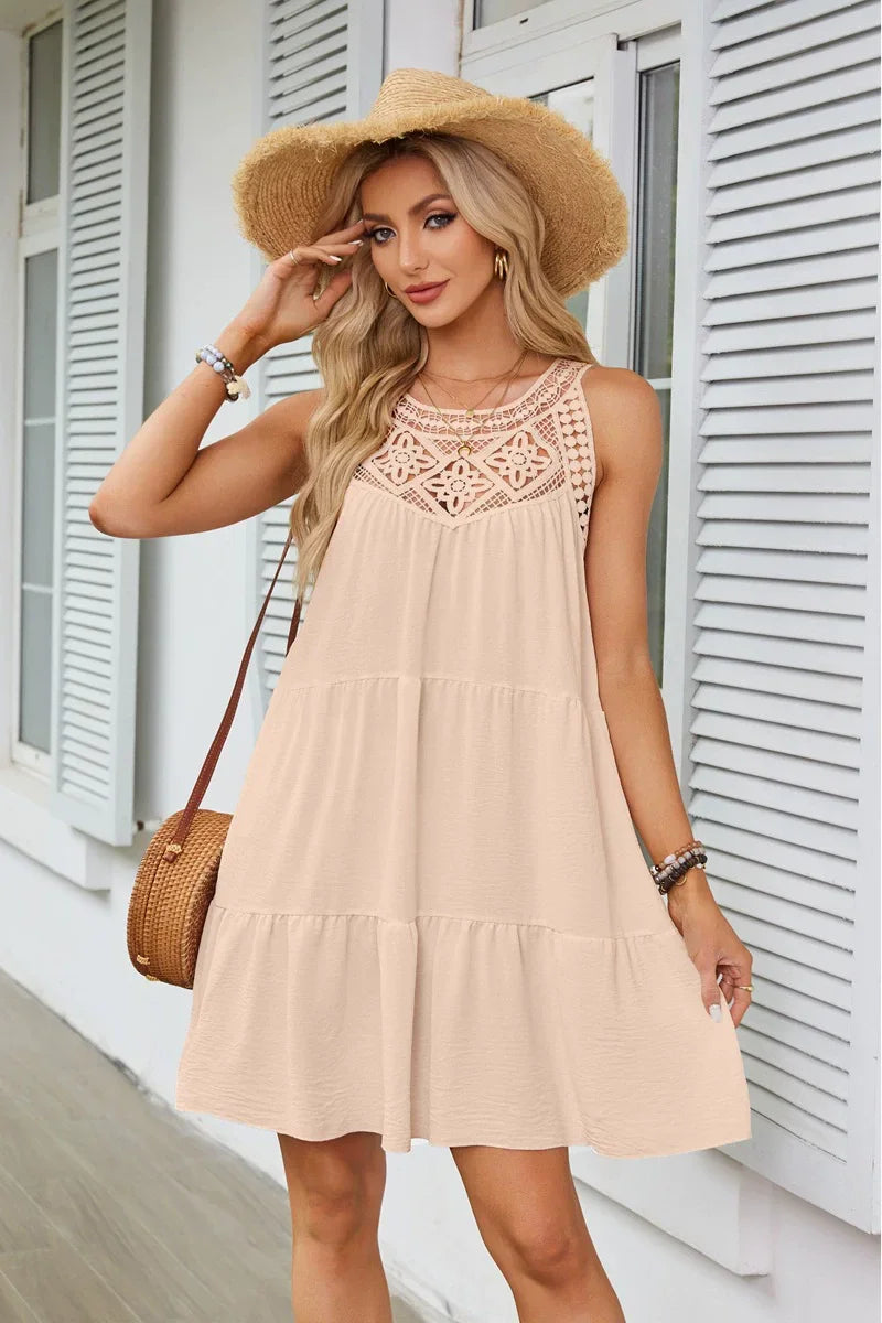 Women Summer Beach Mini Dresses Halter Sleeveless Sexy Loose A-Line Hollow Out Lace White Bohemia Dress Pleated Solid Sundress