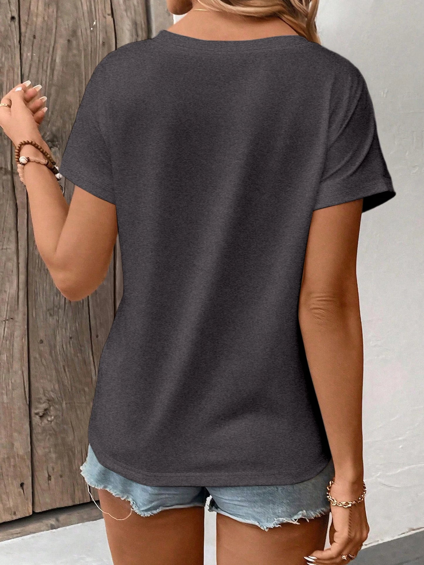 Women's Solid Color V-Neck T-Shirt - Oversized Short-Sleeve, Curved Hem, Soft Fabric, Available in Black, Gray & Navy