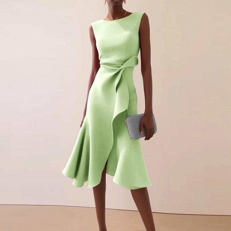 Vestidos Women Elegant O Neck Solid Commute Dress Spring Knot Slim Ruffle Irregular Dress Summer Sleeveless A-Line Party Dresses