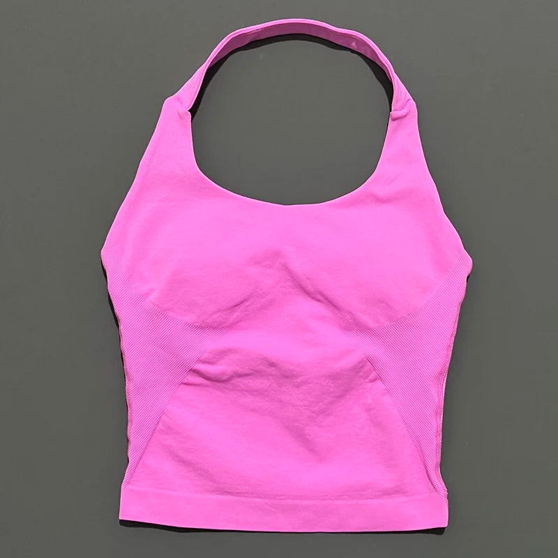 HISTELLO Impact Halter Top Seamless Longline Strappy Gym Tank Top Women Yoga Clothing Workout Fitness Sportswear Pilates Vest