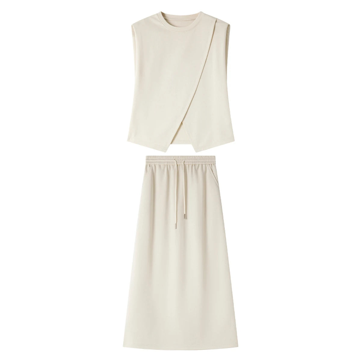 VIMLY Women's Summer Skirt Suit 2026 Office Lady Irregular Sleeveless Tops T-Shirt Straight Skirt Casual Simple Outfits M9656