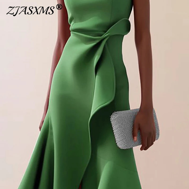 Vestidos Women Elegant O Neck Solid Commute Dress Spring Knot Slim Ruffle Irregular Dress Summer Sleeveless A-Line Party Dresses