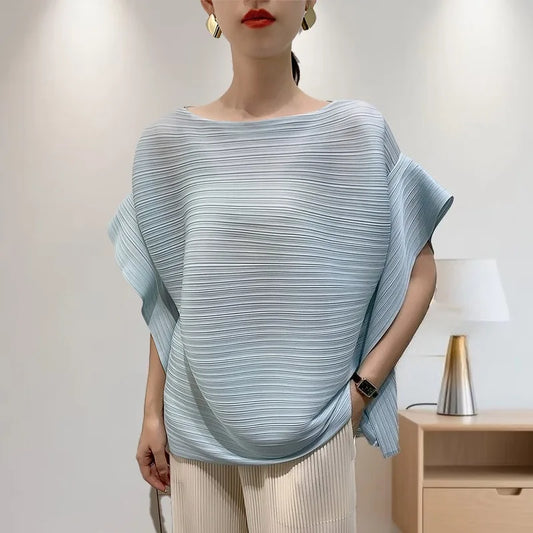 Summer T-shirt Miyake Comfortable Casual Loose Pleated Top Women Short Sleeve Slim Commuter Office Clothes Wrinkle-Free