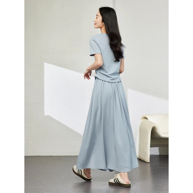 VIMLY Summer Sporty Casual Set Soft Air Cotton Short Sleeve Top Elastic Waist Loose Skirt Two Piece Solid Women Set Skirt M7669