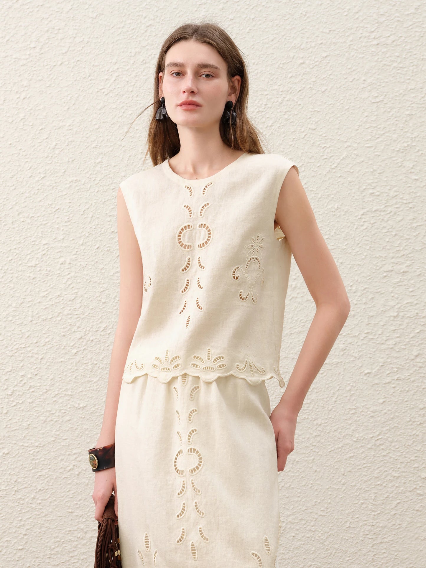 FSLE【Premium Series】Summer Women Linen Two Piece Set Cut-Out Embroidered Sleeveless Top Midi Skirt Boho Beach Vacation Style