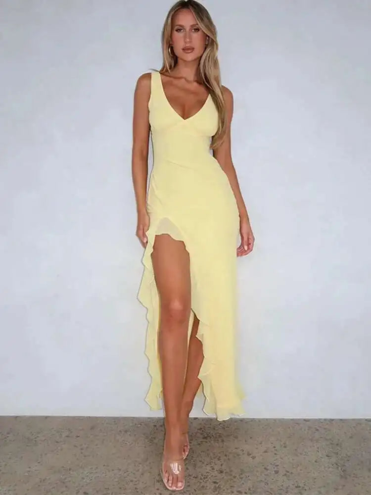Avrilyaan Ruffle High Split Sexy Dress Women Robes Elegant Evening Summer Dress Backless Party Long Midi Dress Vestidos