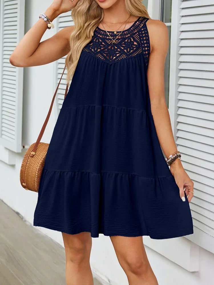 Women Summer Beach Mini Dresses Halter Sleeveless Sexy Loose A-Line Hollow Out Lace White Bohemia Dress Pleated Solid Sundress