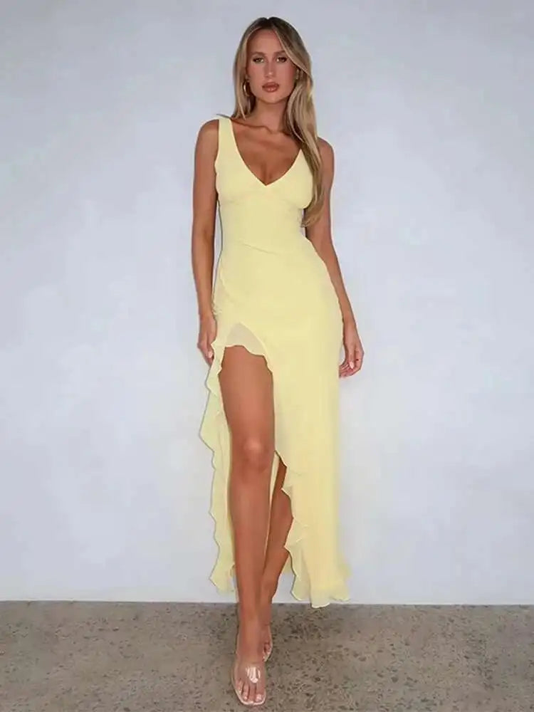 Avrilyaan Ruffle High Split Sexy Dress Women Robes Elegant Evening Summer Dress Backless Party Long Midi Dress Vestidos