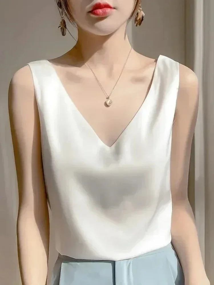 V-Neck Silk Vest Women's Summer Sleeveless Blouse With Acetic Acid Satin Top Sleeveless Bottoming Shirt