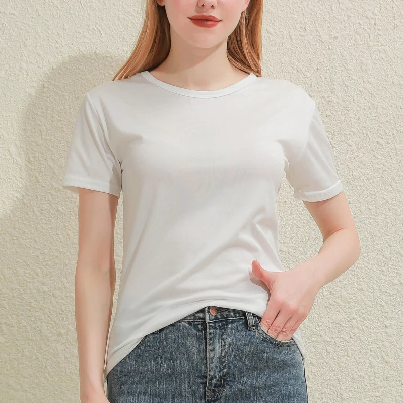 2026 Short T-Shirts Summer Women's Short Sleeve Round Neck Casual Blouse Shirts Solid Color Tops  Black / White