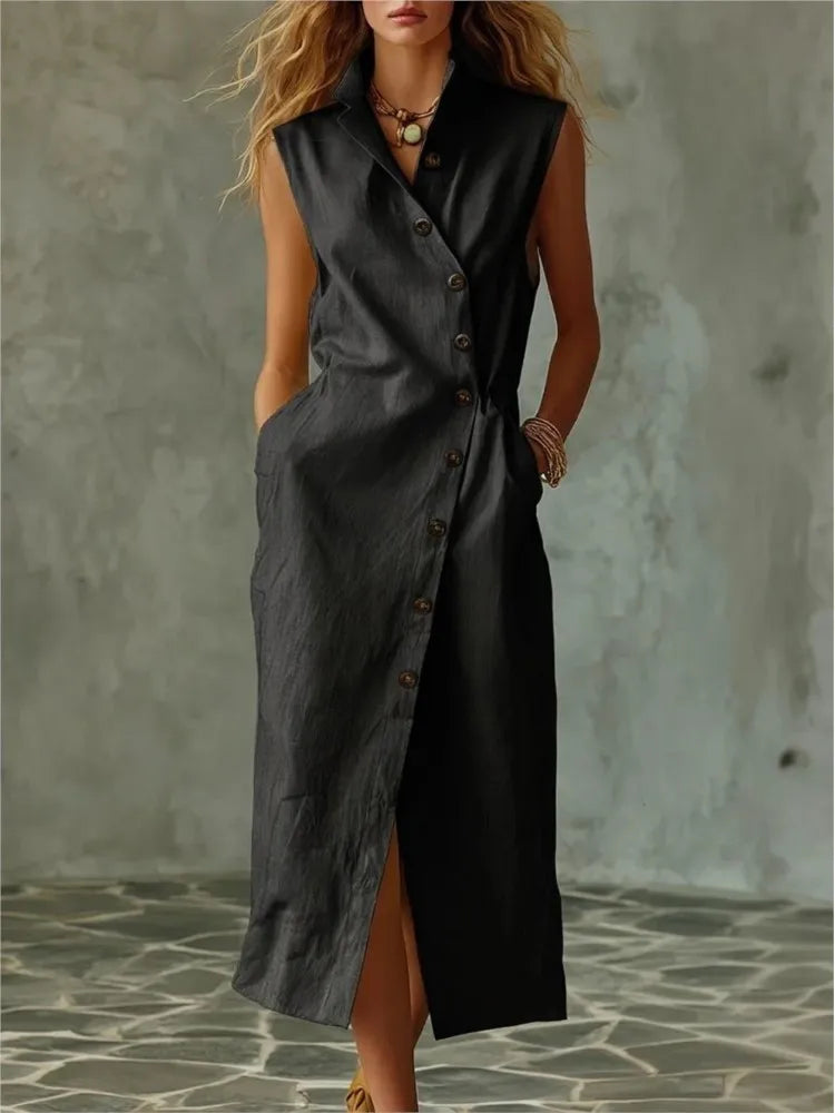 Women New Elegant Sundress Summer Single-breasted V Neck Sleeveless Long Dress Fashion Holiday Party Vestido Femme Casual Dress