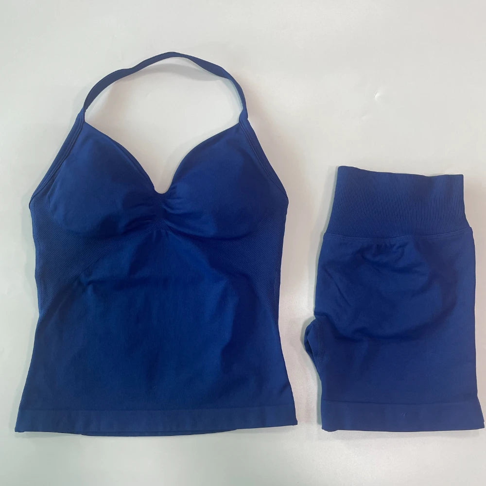 No Logo 2Pcs Gym Set Women Backless Tank Tops High Waist Scrunch Seamless Shorts Gym Suit Fitness Clothes Activewear Workout Set