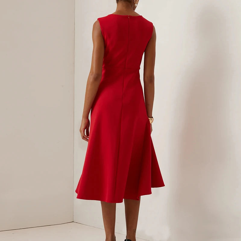 Vestidos Women Elegant O Neck Solid Commute Dress Spring Knot Slim Ruffle Irregular Dress Summer Sleeveless A-Line Party Dresses