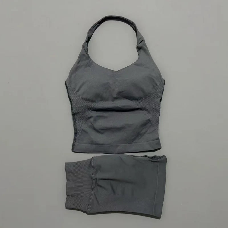 2 Pieces Sports Halter Top Strappy Bra Shorts Set Women Seamless Yoga Gym Leggings Set Running Fitness Sports Shorts Suit