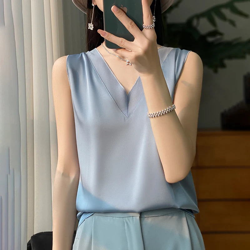 Silk Faux Thin Short Sleeve Tees All-Match Basic T-Shirt Slip Woman Summer Clothes Elegant Tops Solid Loose Casual Fashion