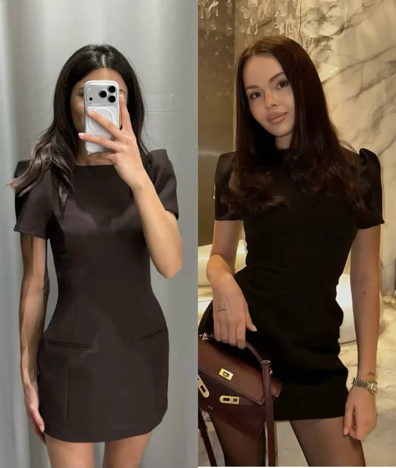 ETJ women's new products are elegant and stylish Short dress with a boat neck and short sleeves with pleats  black dress