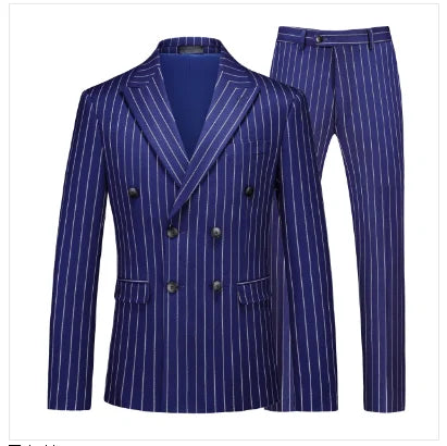 Fashion Men Double Breasted Striped Suit 2 Piece Black / Wine Red Party Blazers and Trousers
