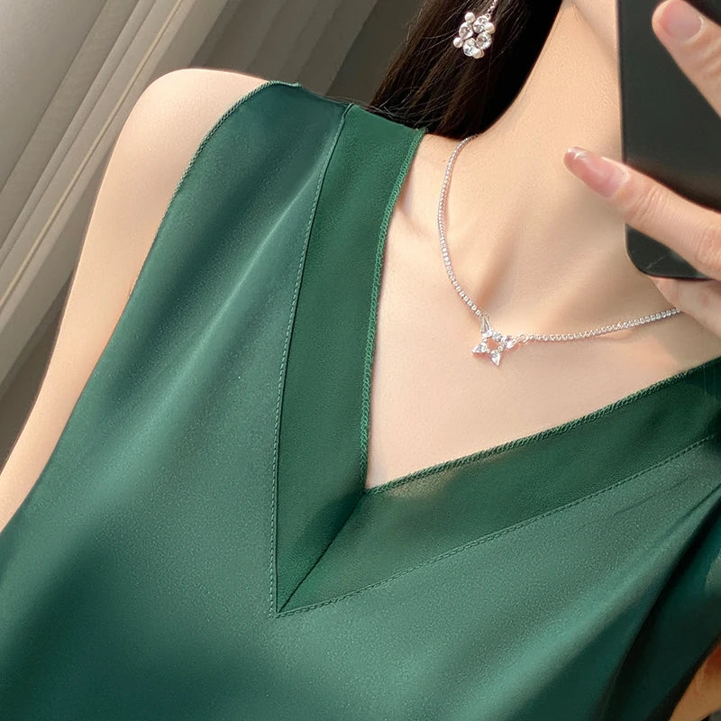 Silk Faux Thin Short Sleeve Tees All-Match Basic T-Shirt Slip Woman Summer Clothes Elegant Tops Solid Loose Casual Fashion