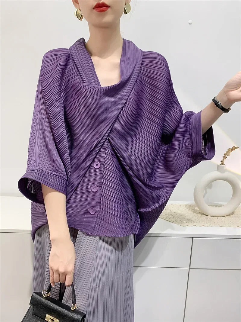 ALSEY Miyake Pleated Original Short Jacket for Women Spring Summer New Loose Casual Seven-minute Sleeve Scarf Collar Top