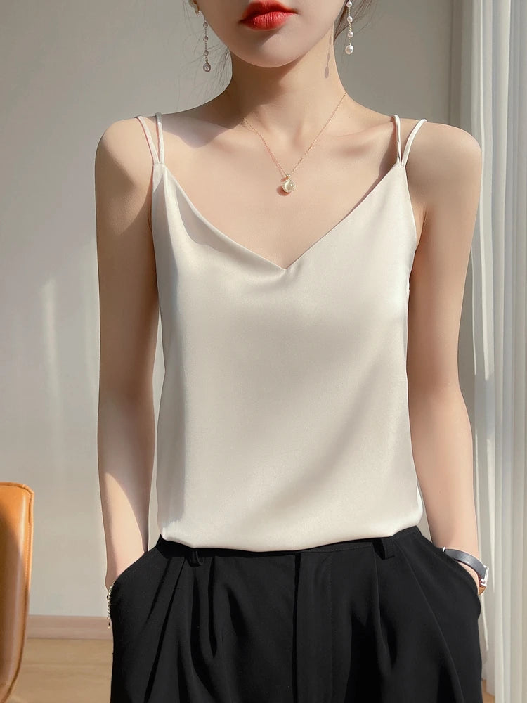 2026 Spaghetti Strap Top Women Halter V Neck Basic White Cami Sleeveless Satin Silk Tank Tops Women's Summer Camisole Crop Top