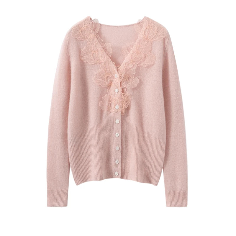 Luxury Women's 100% Cashmere Sweater Cardigans V-neck Knit Tops Autumn Winter Casual Leaf pattern lace cardigan Soft Knitwear