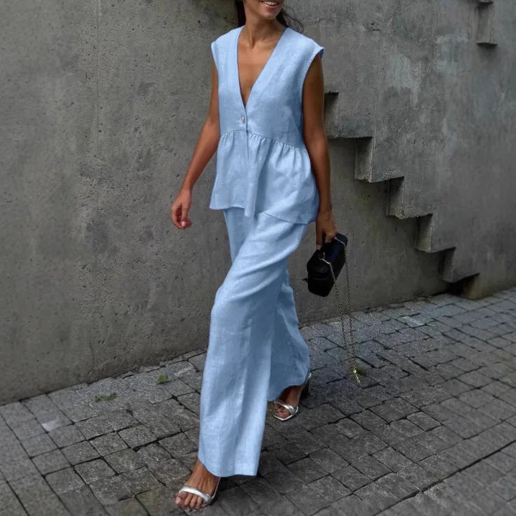 2 pieces women sets 2026 Cotton V-neck sleeveless top vest+long pants new solid color two-piece sets women's clothing