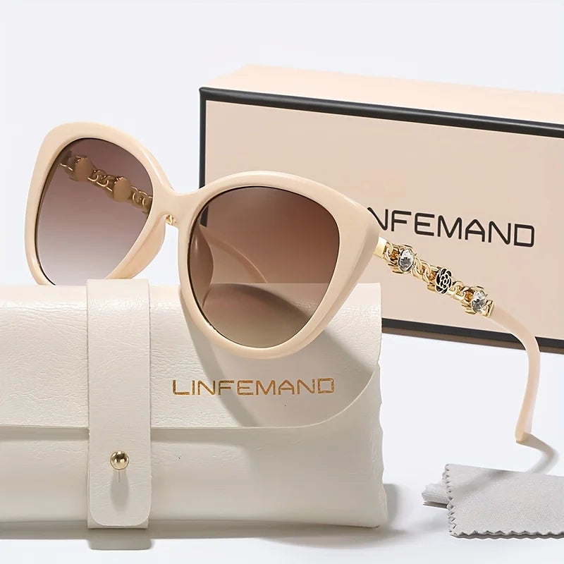 LINFEMAND Cat's Eye Unique Flower Water Diamond Decorative Sunglasses UV400 Women's Party Dinner Trendy Accessories Holiday Gift