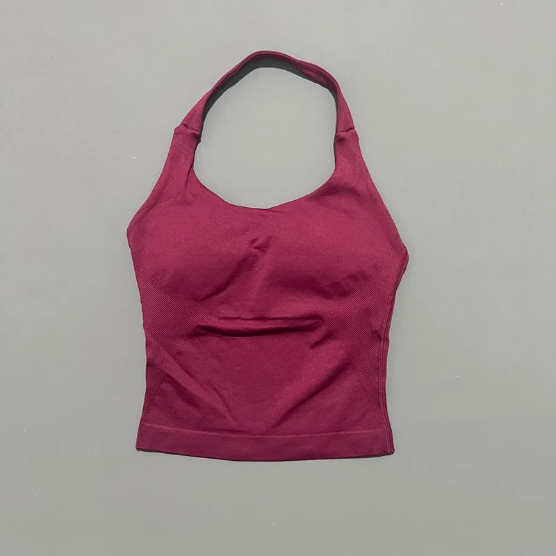 HISTELLO Impact Halter Top Seamless Longline Strappy Gym Tank Top Women Yoga Clothing Workout Fitness Sportswear Pilates Vest