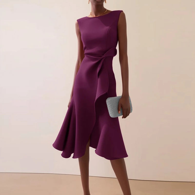Vestidos Women Elegant O Neck Solid Commute Dress Spring Knot Slim Ruffle Irregular Dress Summer Sleeveless A-Line Party Dresses