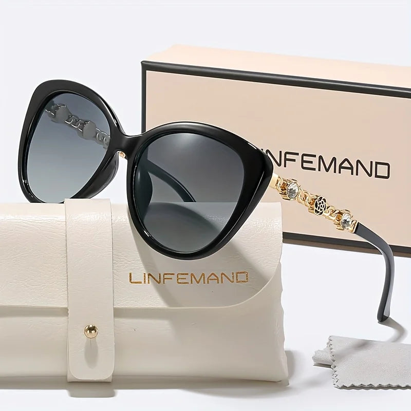 LINFEMAND Cat's Eye Unique Flower Water Diamond Decorative Sunglasses UV400 Women's Party Dinner Trendy Accessories Holiday Gift