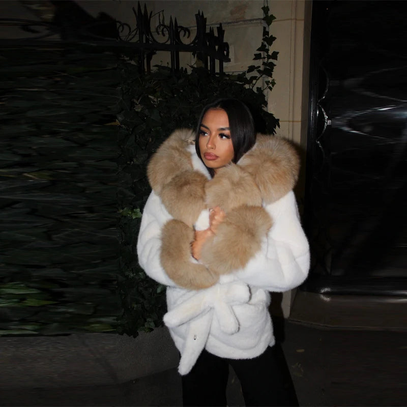 Women's Chic Luxury Faux Fur Oversize Coat Autumn Winter Simple Plush Soft Thick Warm Jacket New Versatile Cinched Waist Clothes