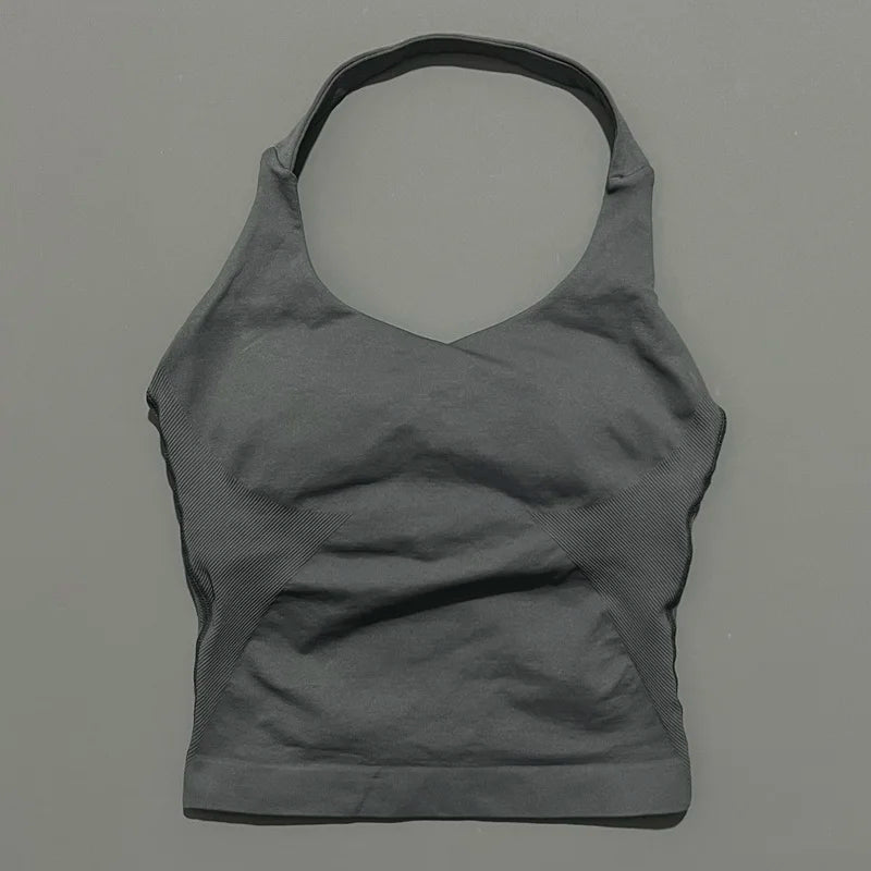 HISTELLO Impact Halter Top Seamless Longline Strappy Gym Tank Top Women Yoga Clothing Workout Fitness Sportswear Pilates Vest