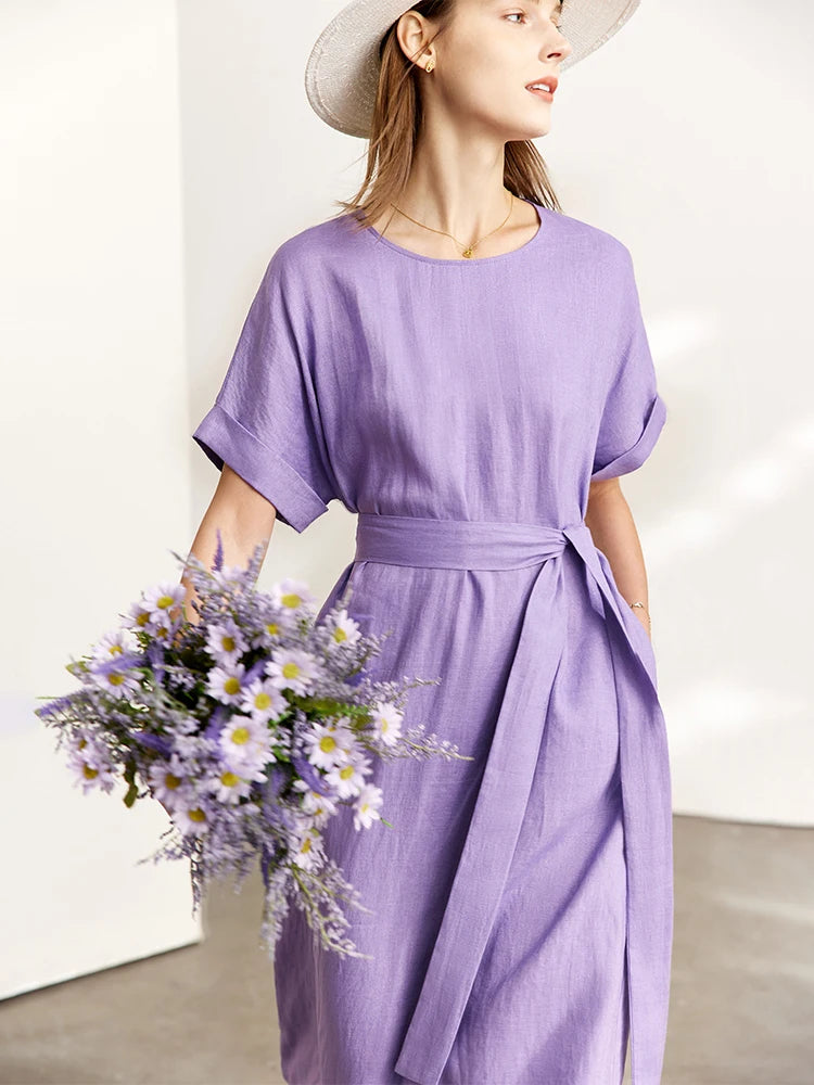 AMII Minimalist Women Dress 2023 Summer New 100% Linen Niche Fashion Artistic Temperament O-Neck Dresses Vestidos 12342278