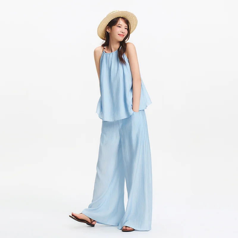 Semir Bowknot Strap Wide Leg Pants Set Women Summer New Linen Like Textured Two Piece Outfit for Vacation Style