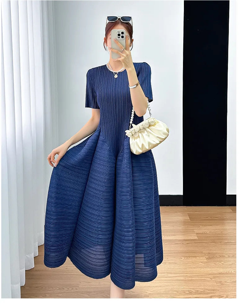 Miyake Y2k Pleated Women's Dress Bubble Short-sleeved Loose Slim Thin Medium-length Dresses for Women Summer New