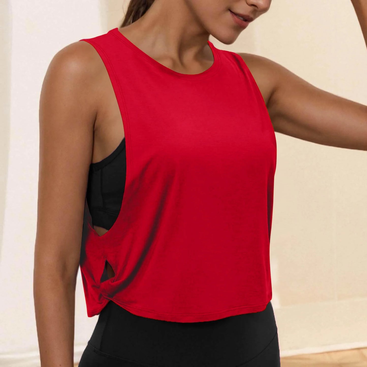 Women Sleeveless Yoga Tops Running Short Tank Crop Top Athletic Vest Breathable Blouse Cover Up Gym Workout Cool T-Shirt