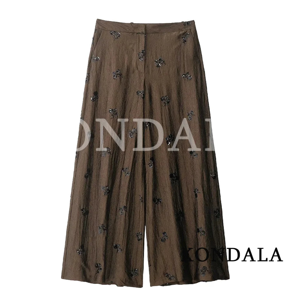Women Elegant Bead Embroidered Pants Set KONDALA 2026 Summer Trendy Halter Vest,Wide-Leg Pants Lady High Street Holiday Pant Set