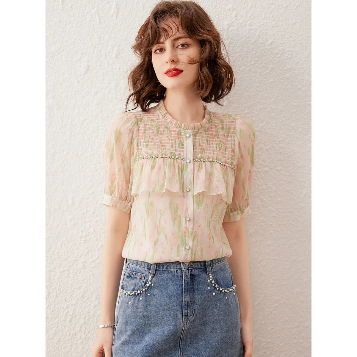 LOUIS YAO Women Shirt Elegant Print Beading Blouses Summer O Neck Short Sleeve Women's Top