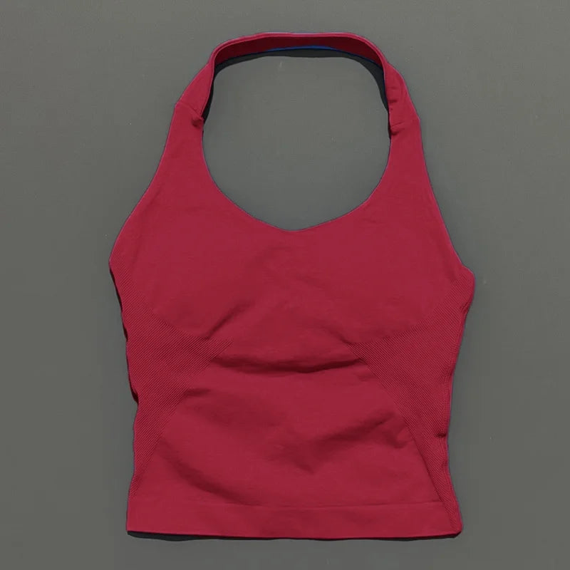 HISTELLO Impact Halter Top Seamless Longline Strappy Gym Tank Top Women Yoga Clothing Workout Fitness Sportswear Pilates Vest