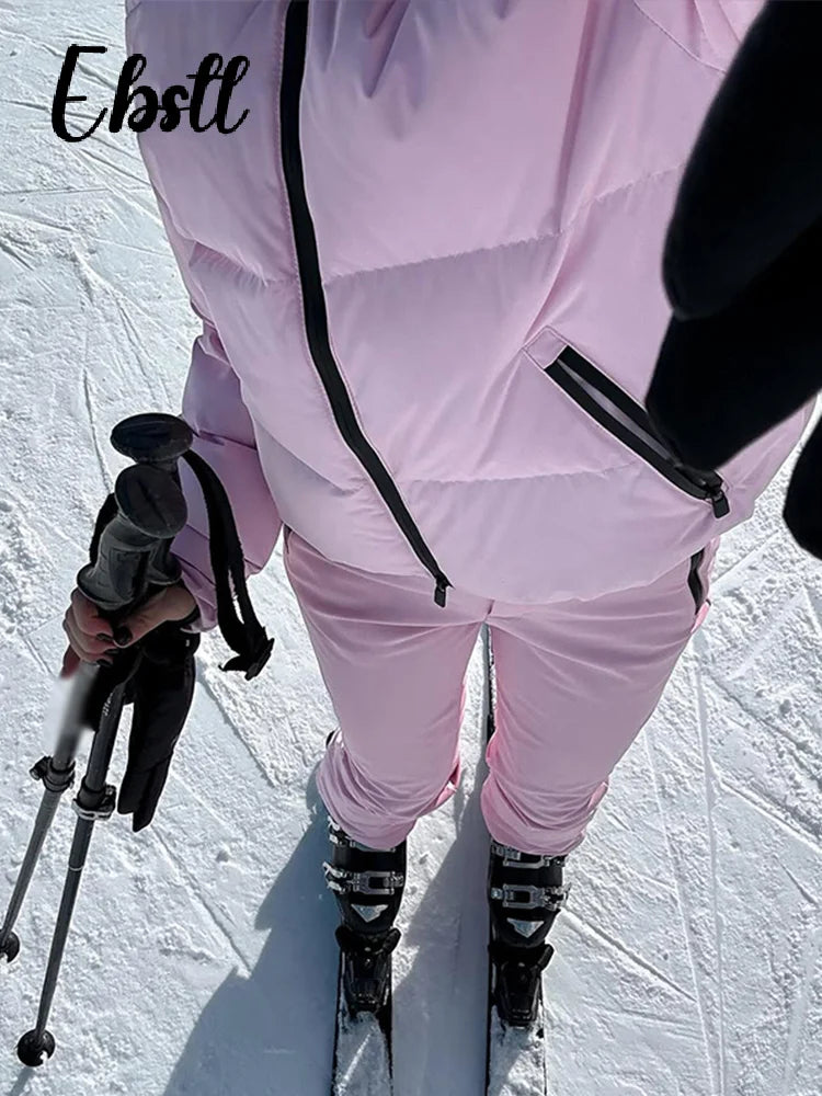 Windproof Fur Splicing Hooded Coat Pants Set Women's Warm Zipper Belted Snowboard Jackets 2025 Winter New Ladies Skiing Outfit