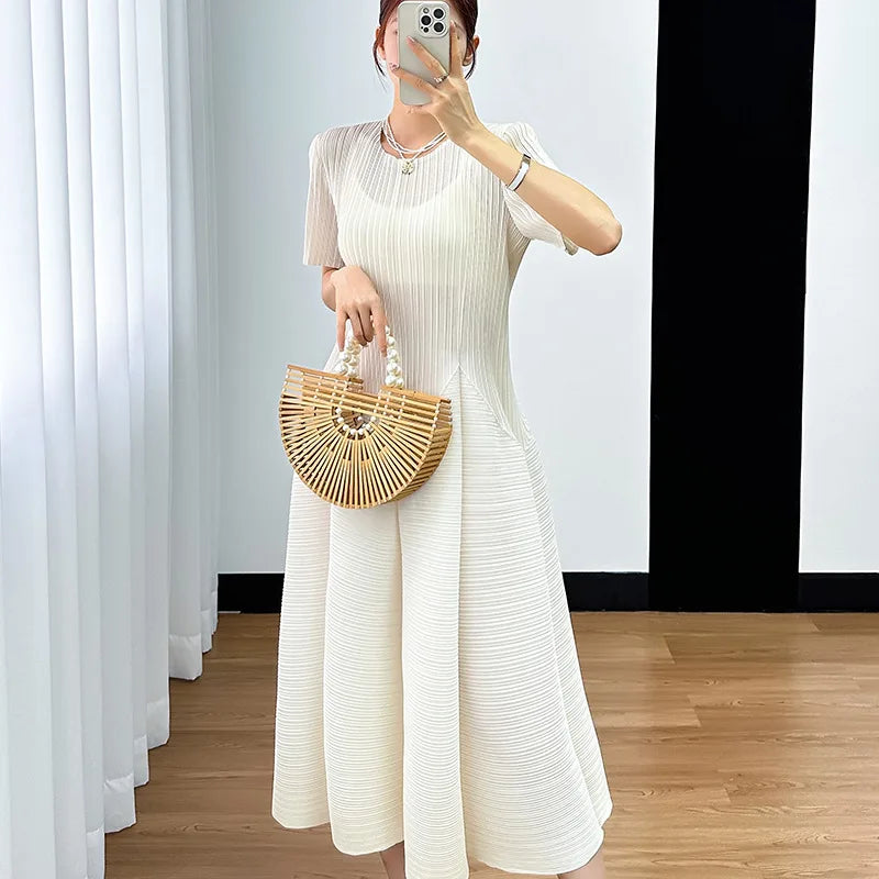 Miyake Y2k Pleated Women's Dress Bubble Short-sleeved Loose Slim Thin Medium-length Dresses for Women Summer New
