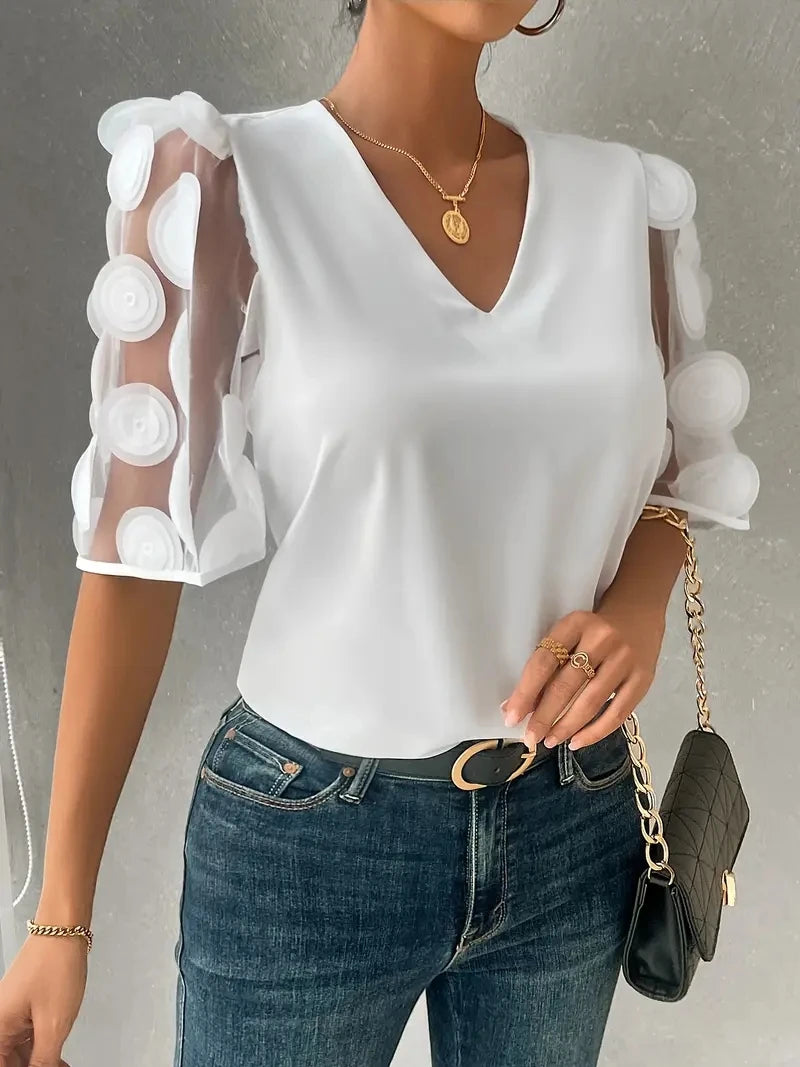 Women V Neck Blouse With Sheer Puff Sleeves And 3D Circle Appliques Casual Elegant Party Top