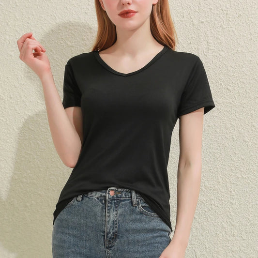 2026 Short T-Shirts Summer Women's Short Sleeve Round Neck Casual Blouse Shirts Solid Color Tops  Black / White